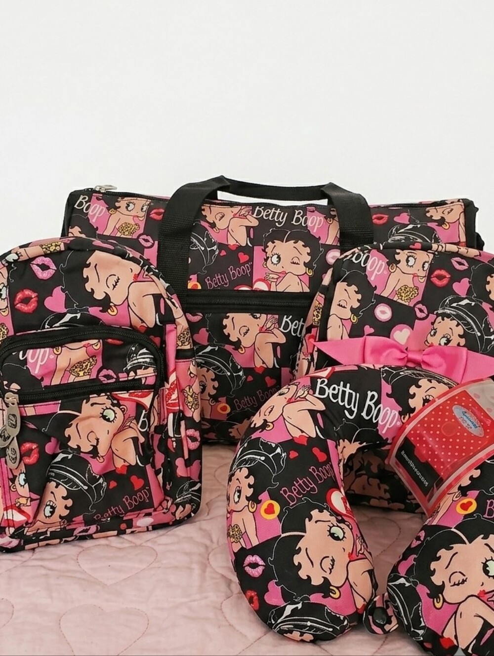 Betty Boop 4-Piece 1 Mini Backpack 1 Medium Backpack Duffle & Neck Pillow